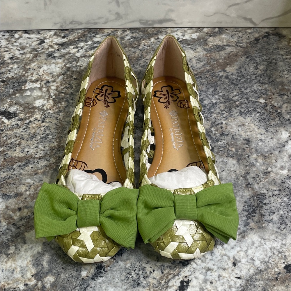 Patrizia Green and Beige Woven Flats